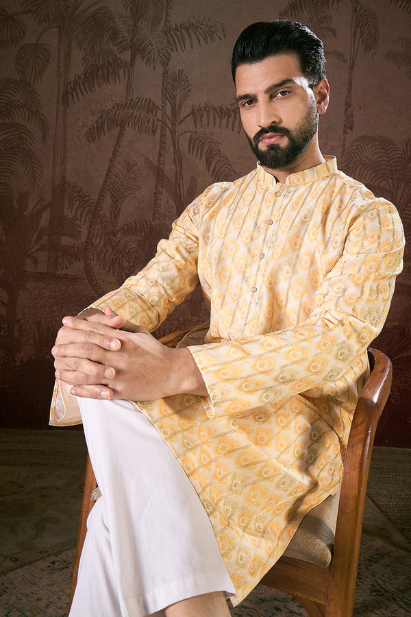 White Silk Blend Ethnic Motifs Printed Straight Kurta MKU1914