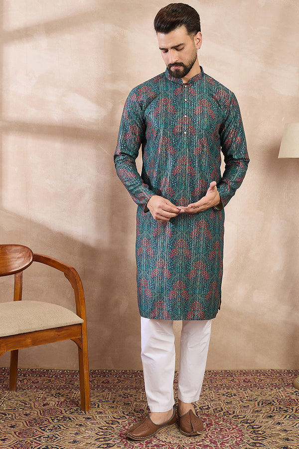 Blue Silk Blend Floral Printed Straight Kurta With Trouser MKSET1974