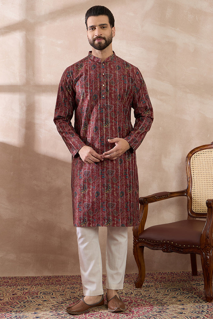 Maroon Silk Blend Printed Mandarin Collar Straight Kurta MKU2025