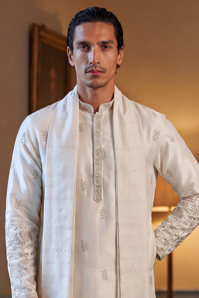 White Silk Blend Floral Embroidered Straight Kurta with Dupatta MKUD1784