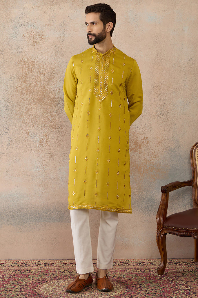 Yellow Silk Blend Solid Embroidered Kurta With Trouser MKSET2415
