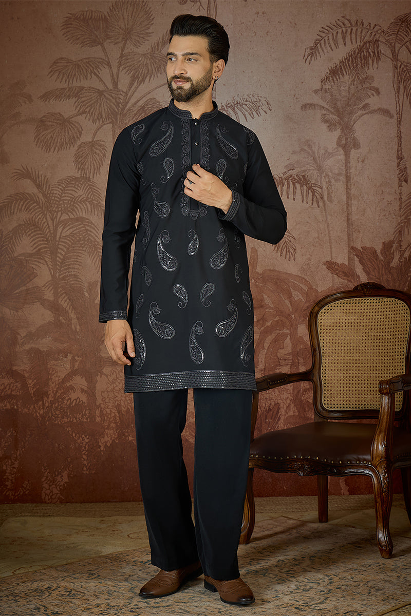 Black Silk Blend Solid Embroidered Kurta MKU2382