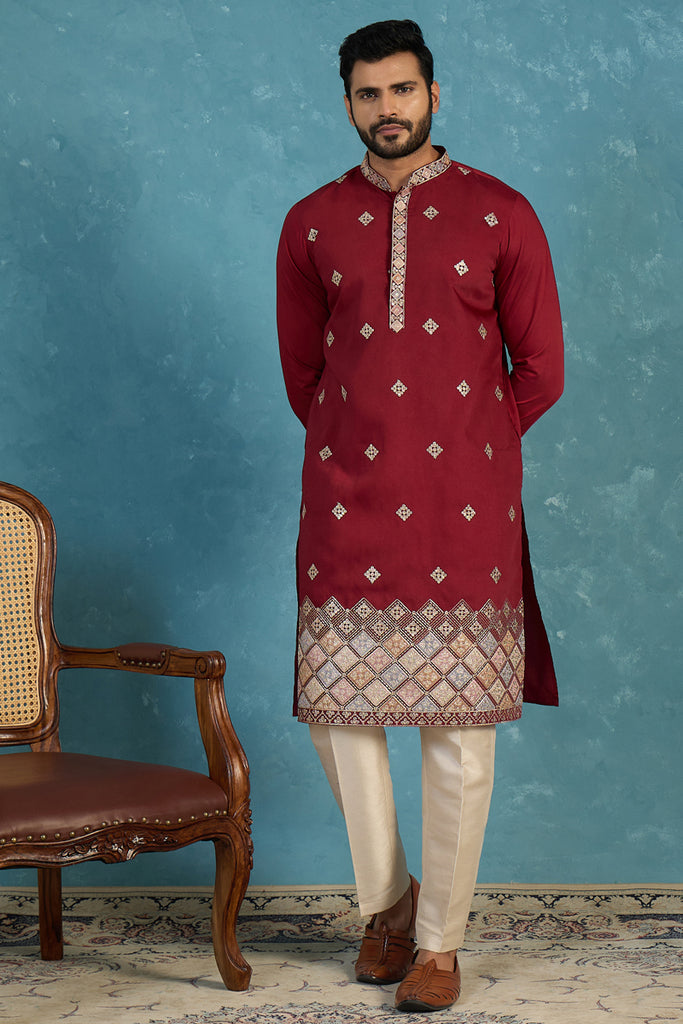 Silk Blend Maroon Solid Embroidered Calf Length Straight Kurta MKU2100
