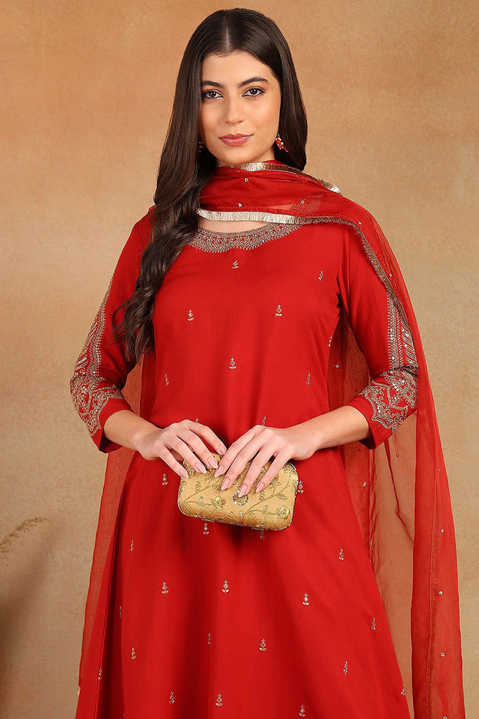 Red Silk Blend Embroidered A-Line Kurta Trouser With Dupatta HOPPKSKD2535RED
