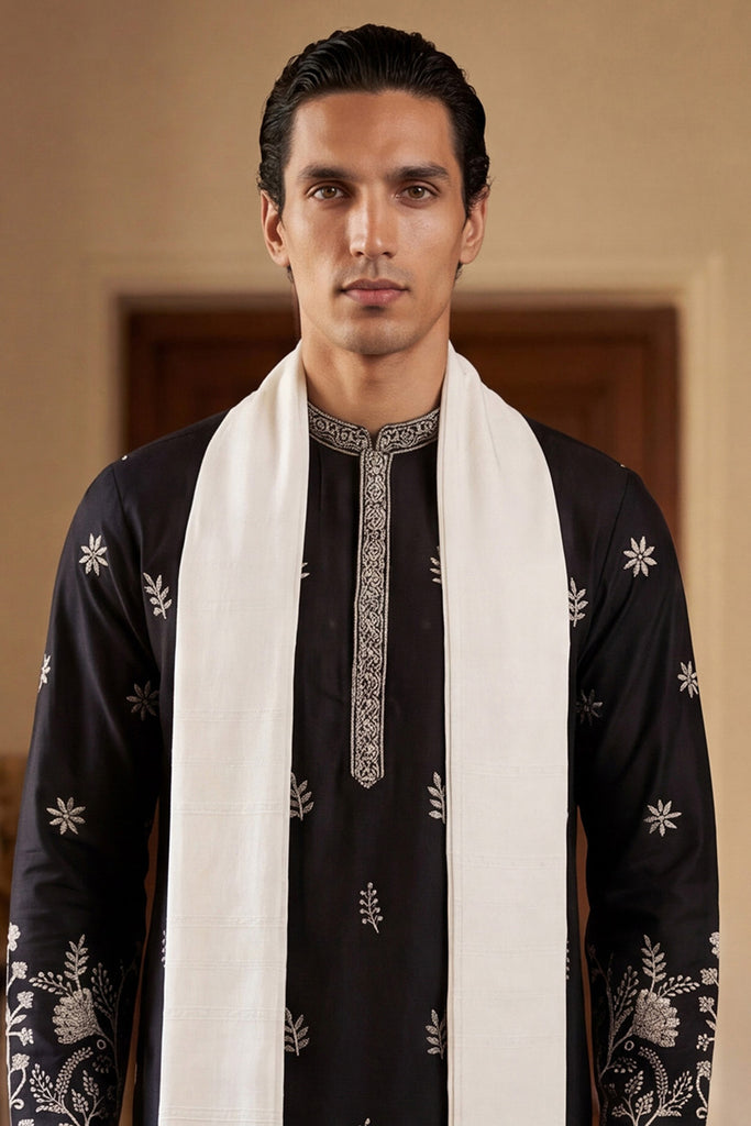 Black Silk Blend Solid Embroidered Straight Kurta Sets MKPD1782