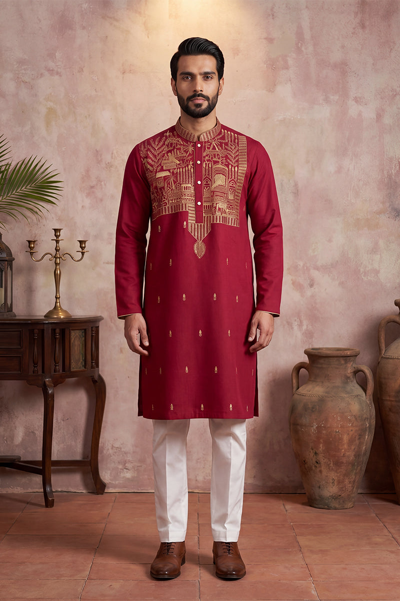 Red Silk Blend Solid Emboidered Straight Kurta With Trouser MKSET2375