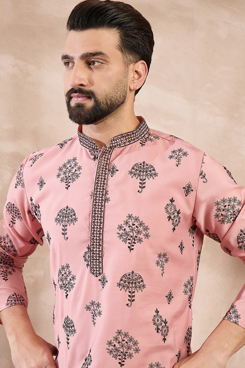 Peach Silk Blend Solid Embroidered Straight Kurta With Trouser MKSET1804