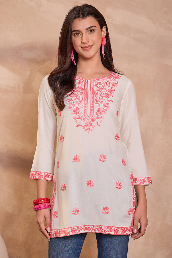 White Viscose Rayon Solid Embroidered Top VT1405