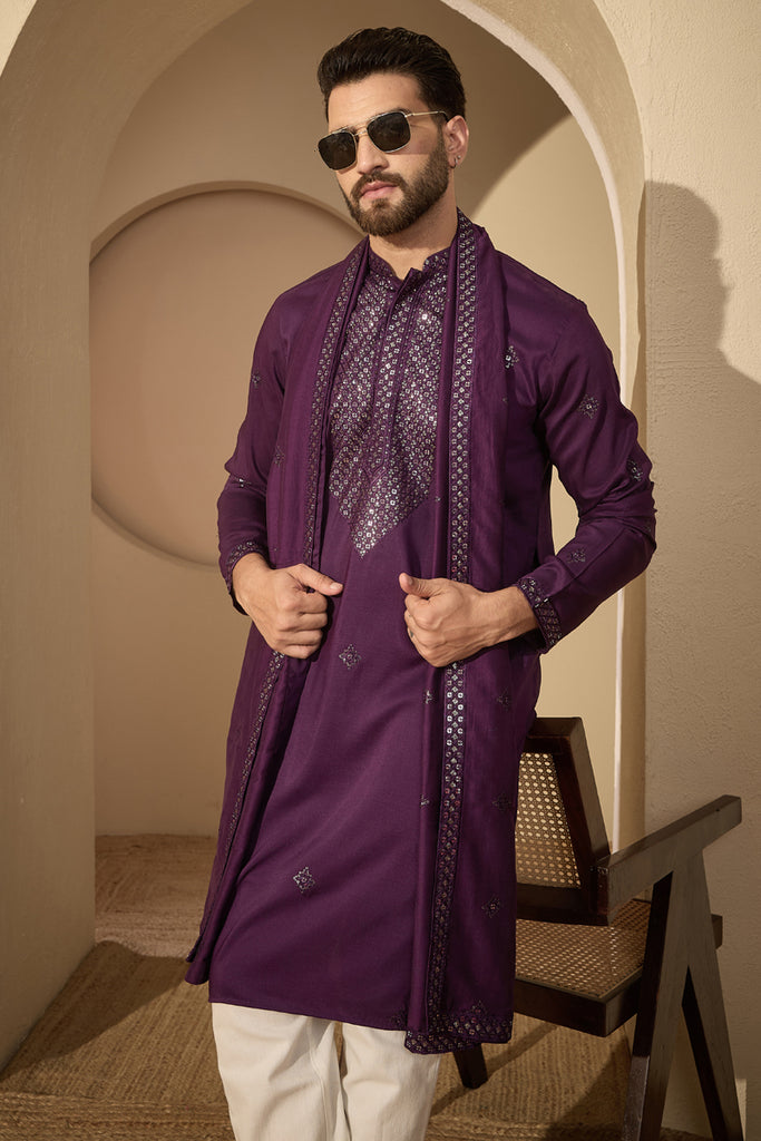 Violet Silk Blend Solid Embroidered Mandarin Collar Kurta With Dupatta MKUD1078