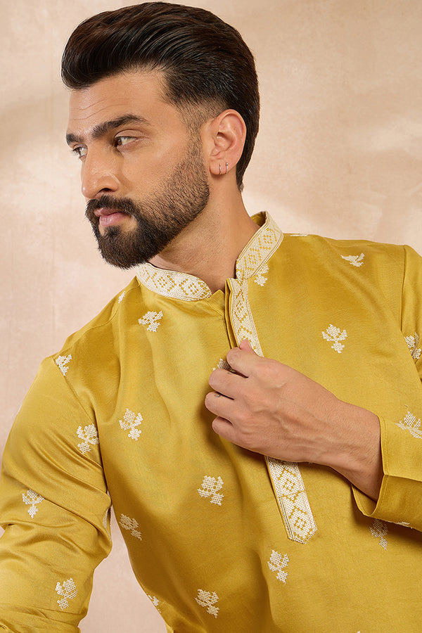 Yellow Polyester Solid Embroidered Straight Kurta With Trouser MKSET1809