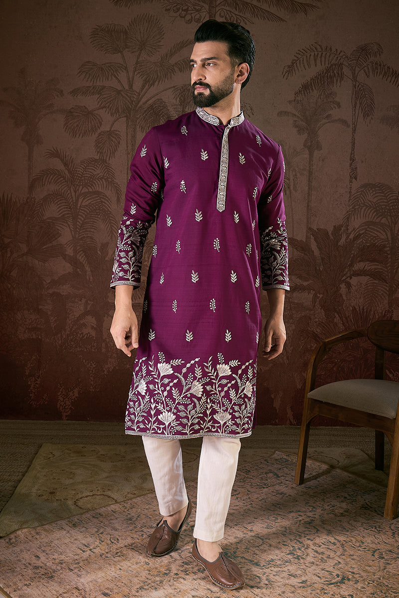 Purple Silk Blend Solid Embroidered Straight Kurta MKU1944
