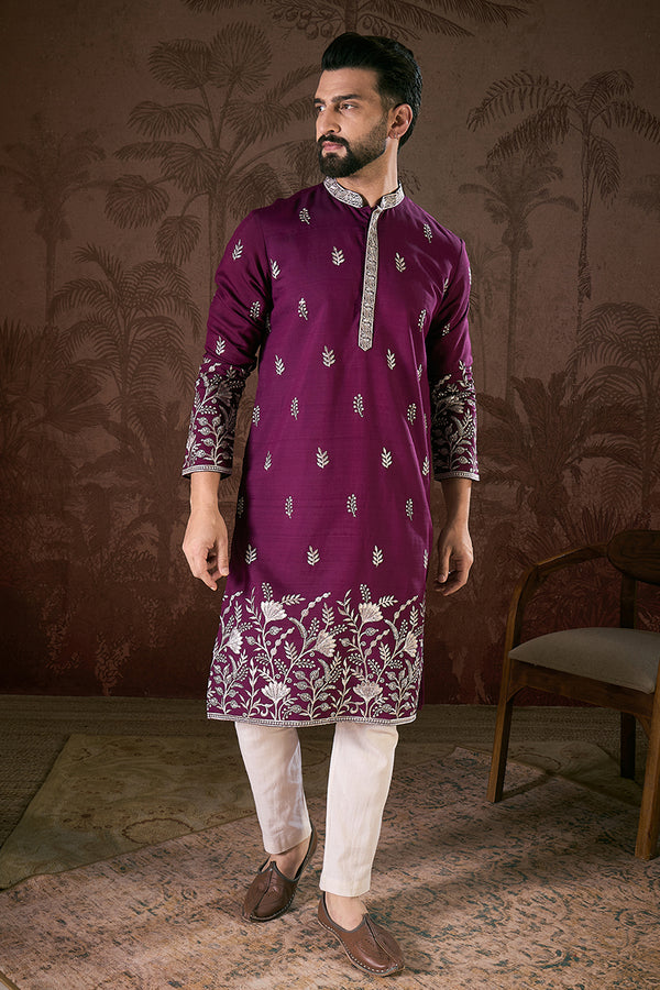 Purple Silk Blend Solid Embroidered Straight Kurta MKU1944