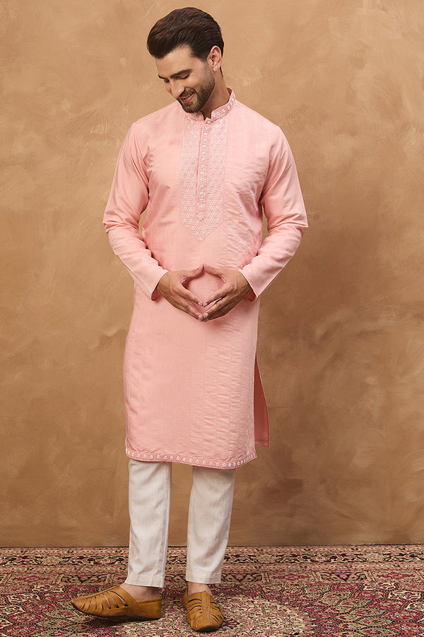Peach Silk Blend Solid Solid Straight Kurta MKU1506