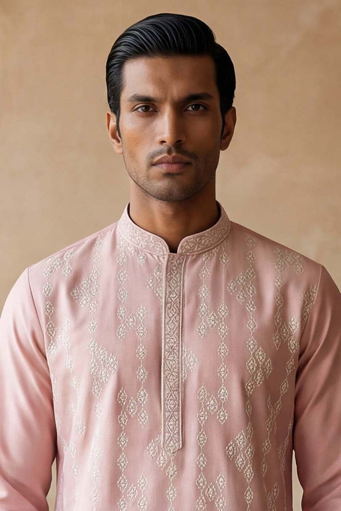 Pink Silk Blend Solid Embroidered Kurta MKU2088