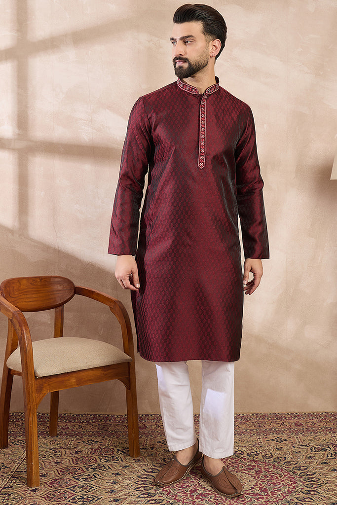 Maroon Silk Blend Solid Woven Design Straight Kurta With Trouser MKSET1896