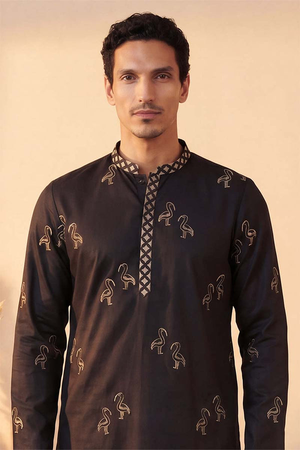 Black Silk Blend Solid Embroidered Kurta With Trousers MKSET1817