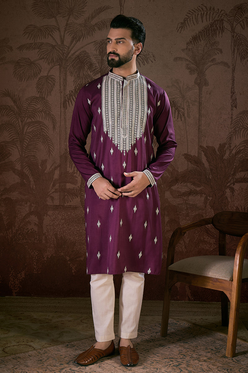Purple Silk Blend Solid Embroidered Straight Kurta With Trouser MKSET1793