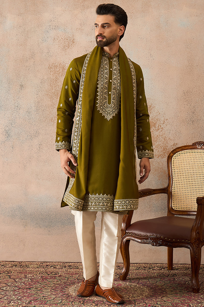 Green Silk Blend Solid Embroidered Kurta With Dupatta MKUD1031