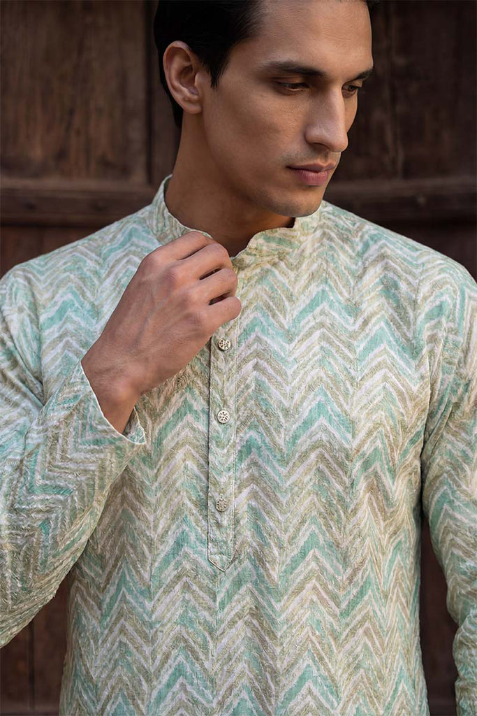 Green Cotton Blend Chevron Embroidered Kurta MKU2068