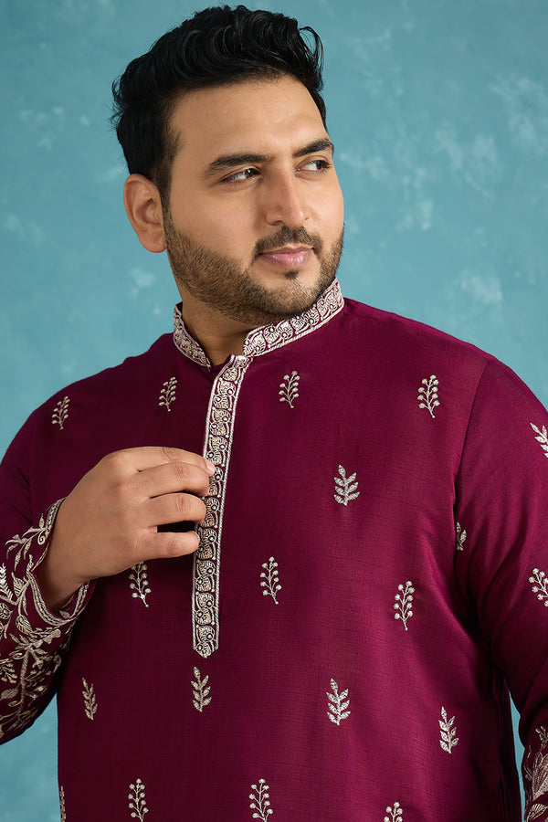 Purple Silk Blend Solid Thread Work Embroidered Kurta MKU1944