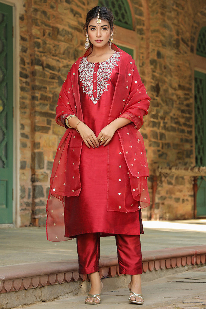 Maroon Poly Silk Solid Yoke Design Kurta Trousers With Dupatta PKSKD1587