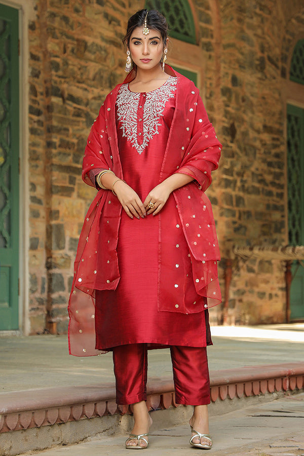 Maroon Poly Silk Solid Yoke Design Kurta Trousers With Dupatta PKSKD1587