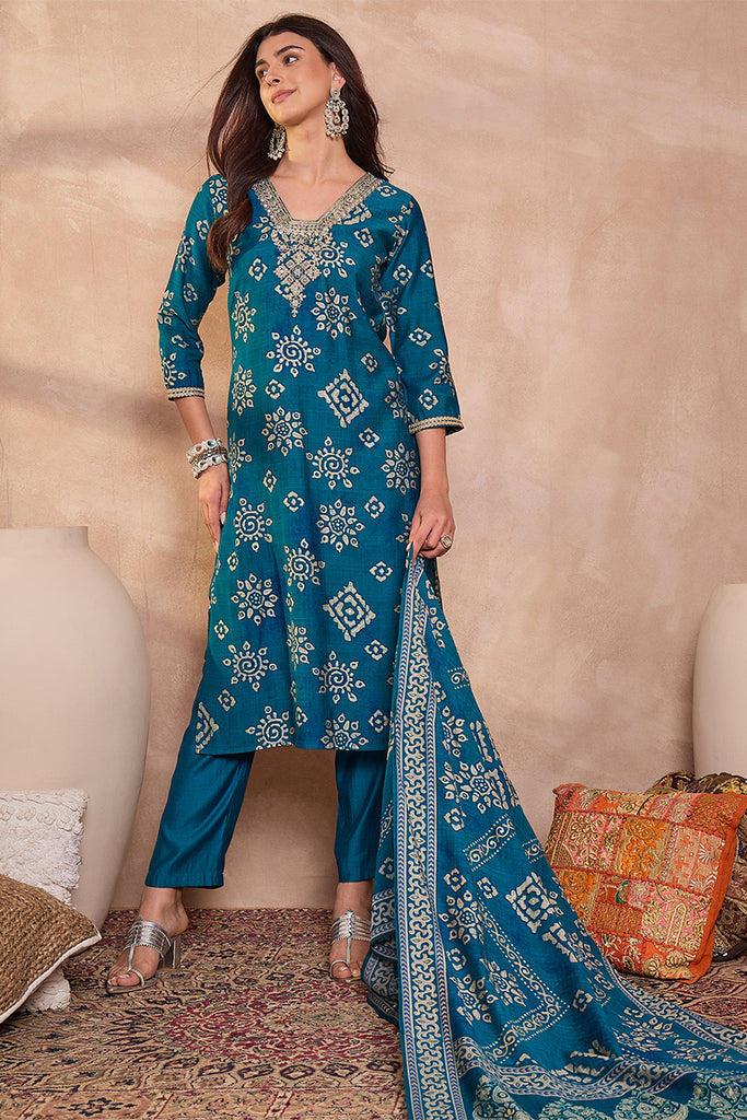 Blue Silk Blend Floral Printed Straight Regular Kurta Set PKSKD3226