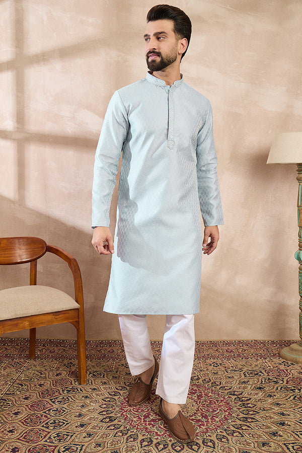 Blue Silk Blend Solid Woven Design Straight Kurta With Trouser MKSET1899