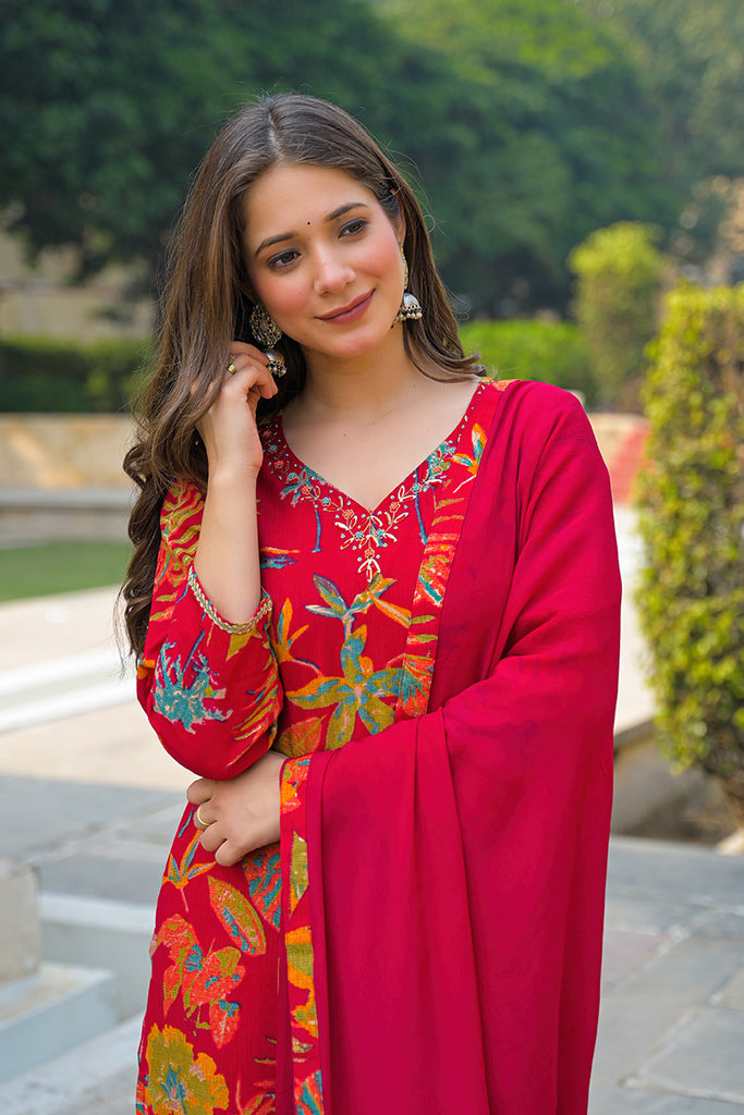Pink Viscose Rayon Floral Printed Straight Kurta Trousers With Dupatta PKSKD3160