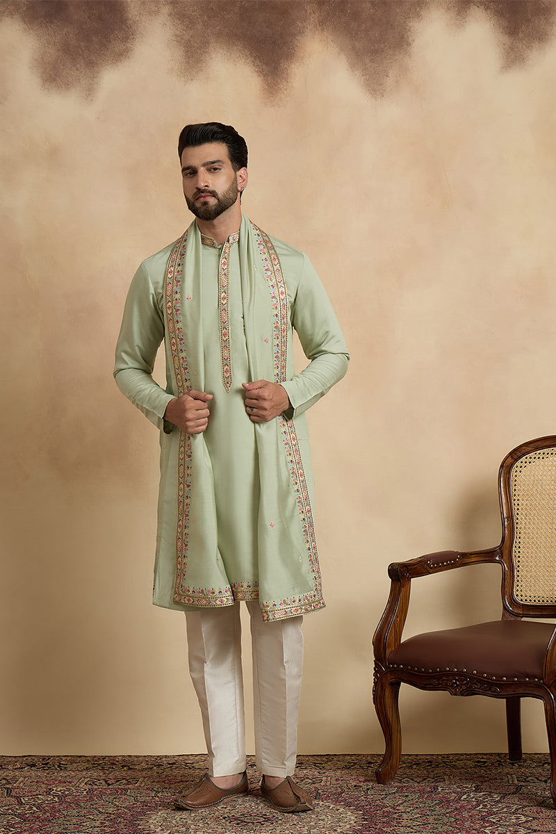 Green Silk Blend Solid Embroidered Sequins Kurta & Trouser With Dupatta MKPD1070