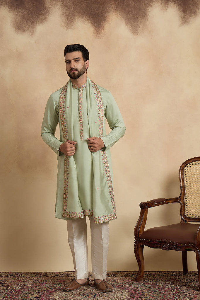 Green Silk Blend Solid Embroidered Sequins Kurta & Trouser With Dupatta MKPD1070