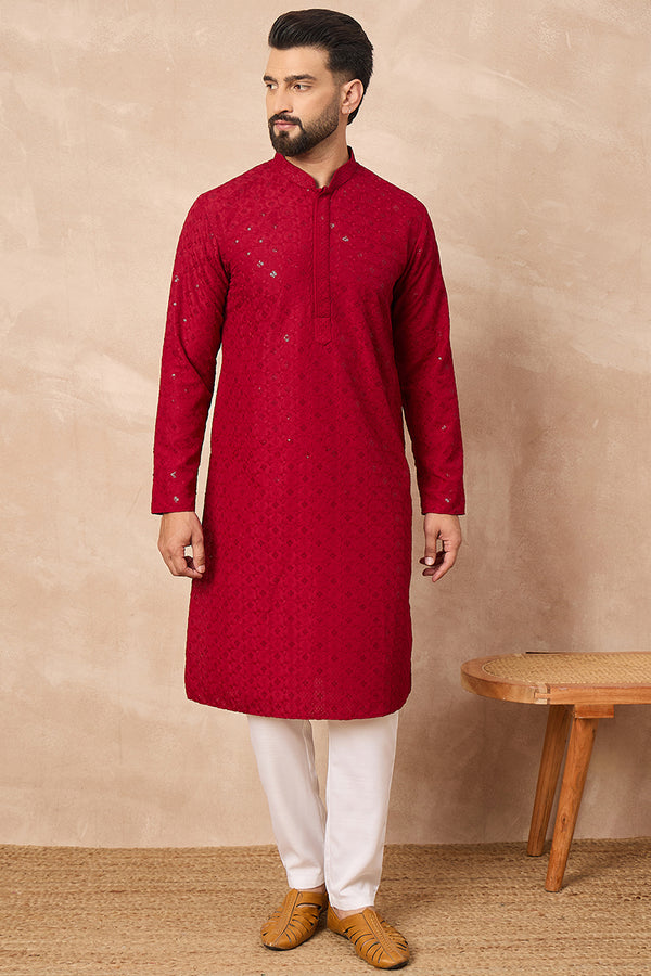 Maroon Viscose Rayon Solid Embroidered Straight Kurta MKU1226