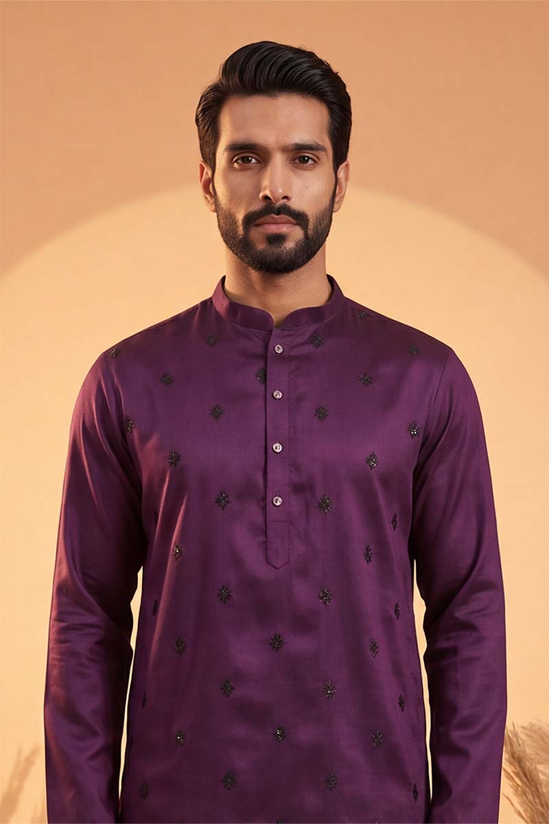 Violet Silk Blend Solid Embroidered Kurta MKU2104