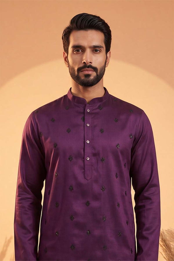 Violet Silk Blend Solid Embroidered Kurta MKU2104