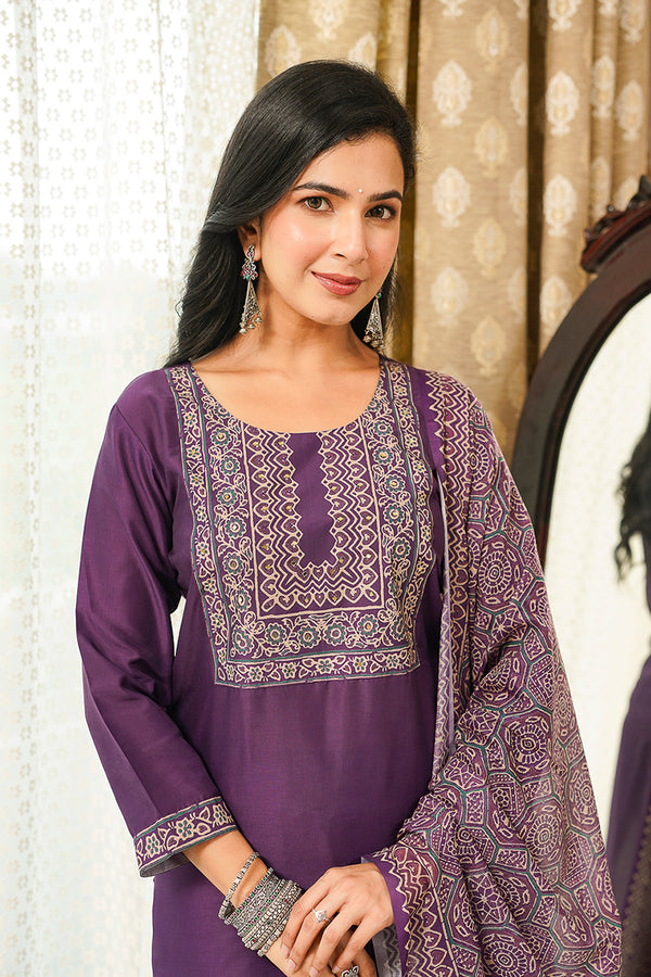 Purple Cotton Blend Ajrakh Printed Straight Kurta Trousers With Dupatta PKSKD3067