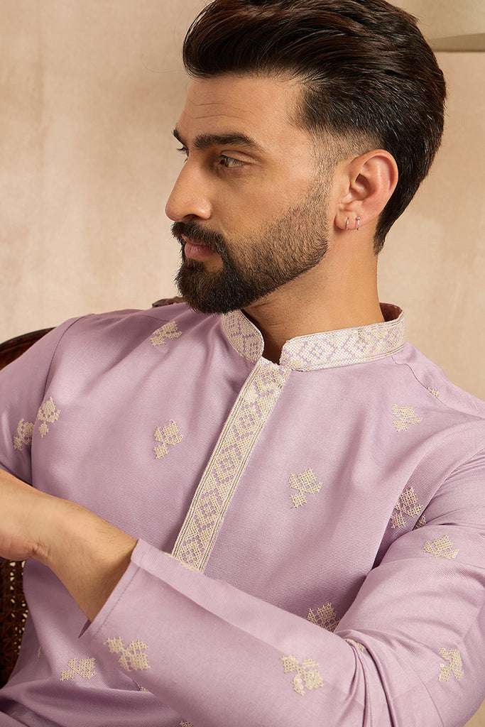 Lavender Polyester Solid Embroidered Straight Kurta With Trouser MKSET1753