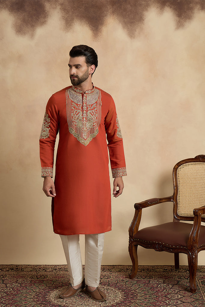 Orange Silk Blend Solid Embroidered Kurta With Trouser MKSET2449