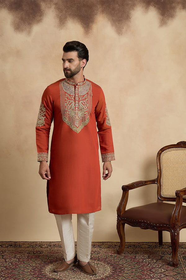 Orange Silk Blend Solid Embroidered Kurta With Trouser MKSET2449