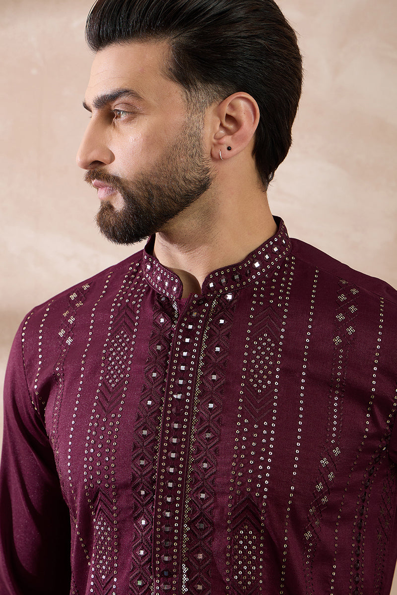 Purple Silk Blend Embroidered Mandarin Collar Straight Kurta With Trouser MKSET1889