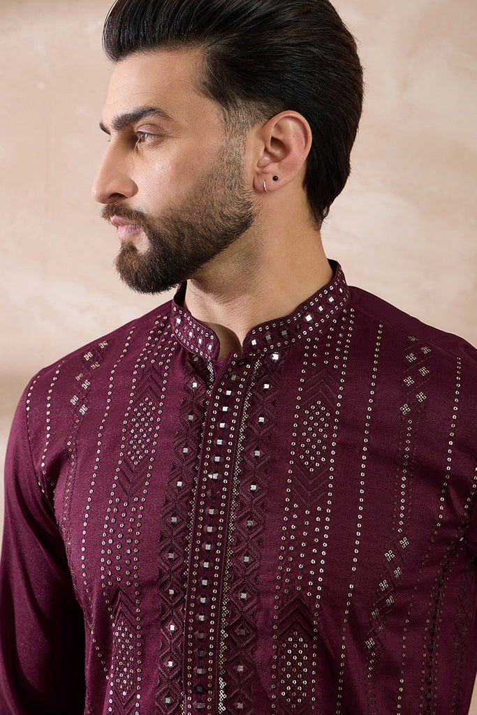 Purple Silk Blend Embroidered Mandarin Collar Straight Kurta With Trouser MKSET1889