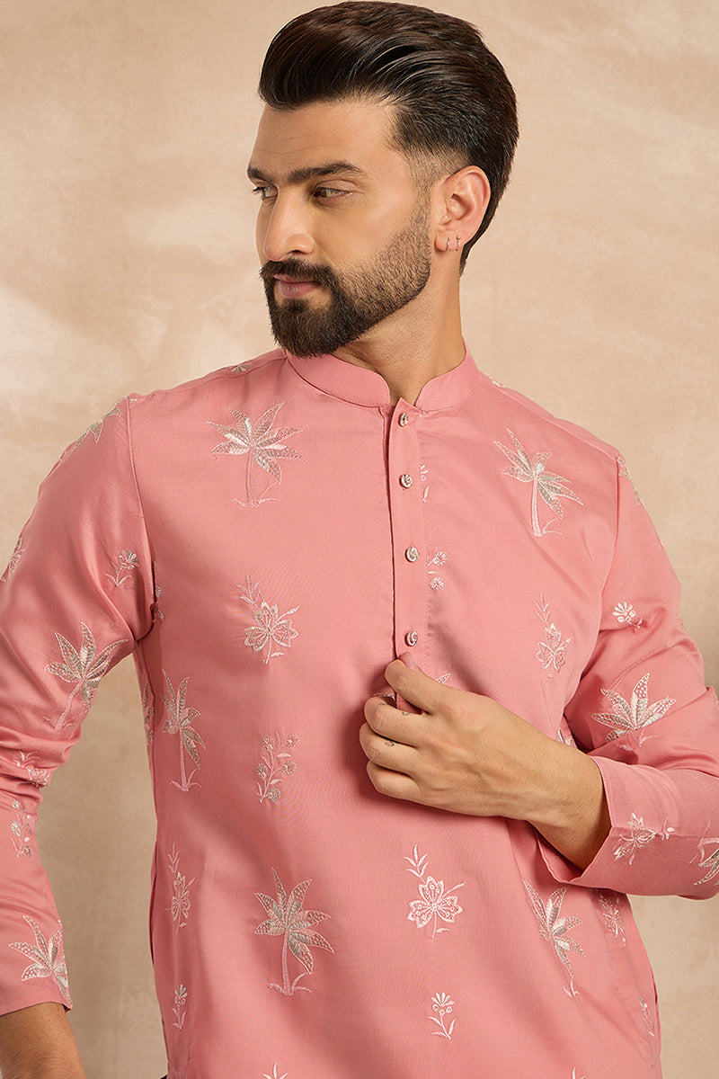 Pink Cotton Solid Embroidered Straight Kurta With Trouser MKSET1677