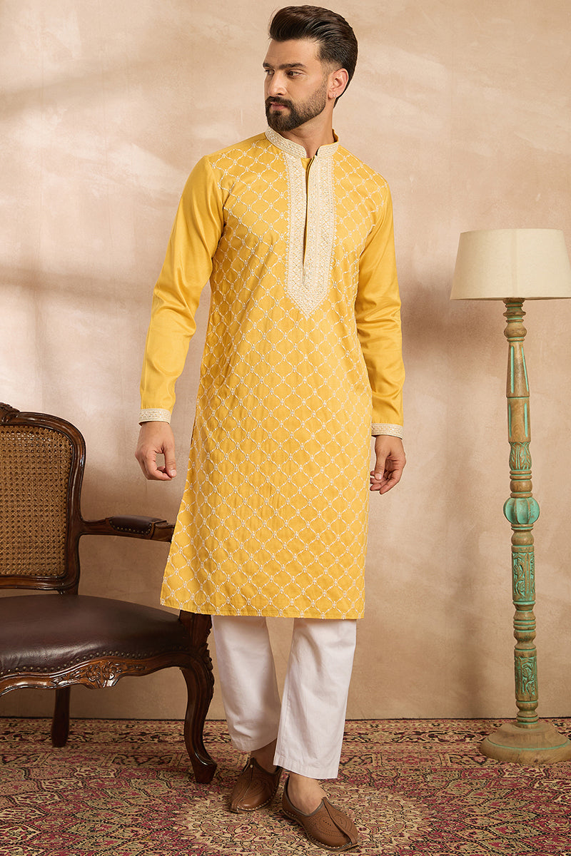 Yellow Silk Blend Solid Embroidered Straight Kurta MKU1691