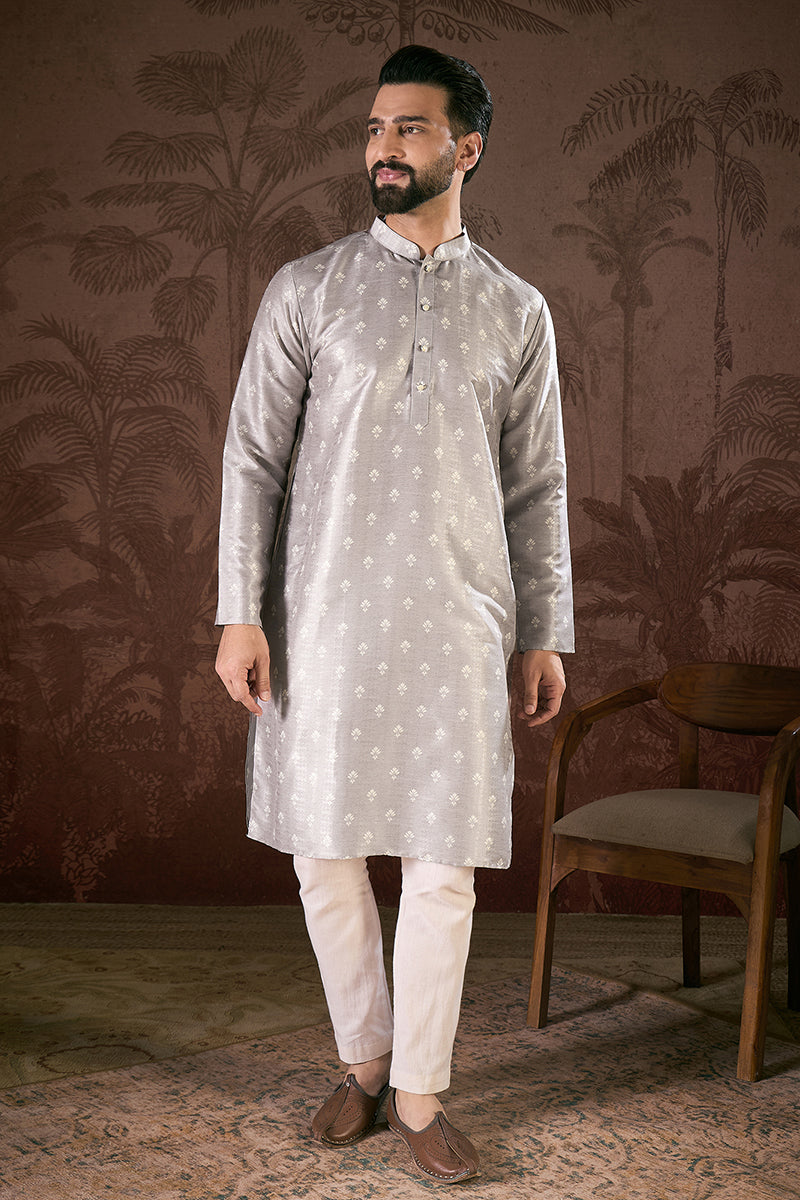 Grey Silk Blend Floral Printed Straight Kurta With Trouser MKSET1923