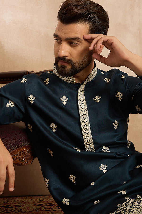 Navy Blue Polyester Solid Embroidered Straight Kurta With Trouser MKSET1810