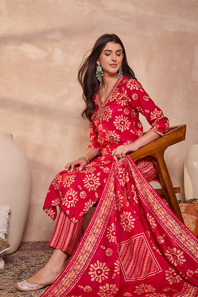 Pink Cotton Blend Abstract Printed Straight Kurta Trouser With Dupatta VKSKD3213