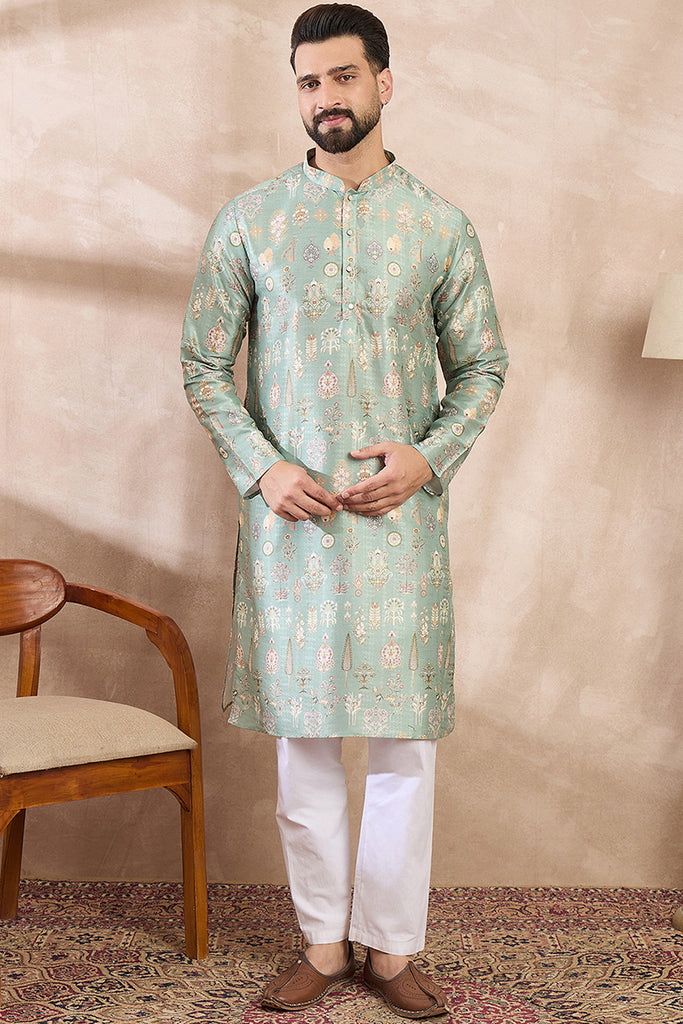 Green Silk Blend Floral Printed Straight Kurta MKU2011
