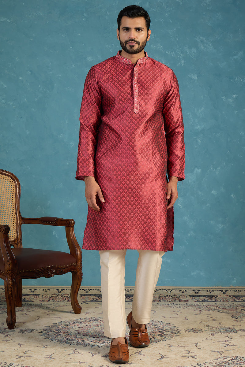 Maroon Jacquard Woven Design Straight Kurta With Trouser MKSET2342