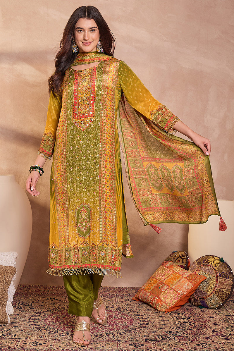 Olive Green Viscose Rayon Embroidered Kurta Trouser With Dupatta HPKSKD2786