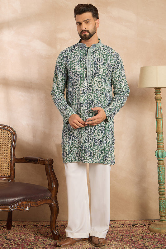 Green Viscose Rayon Batik Embroidered Straight Kurta With Trouser MKSET1718