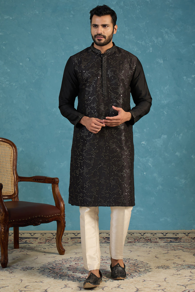 Silk Blend Black Solid Embroidered Calf Length Straight Kurta MKU2128